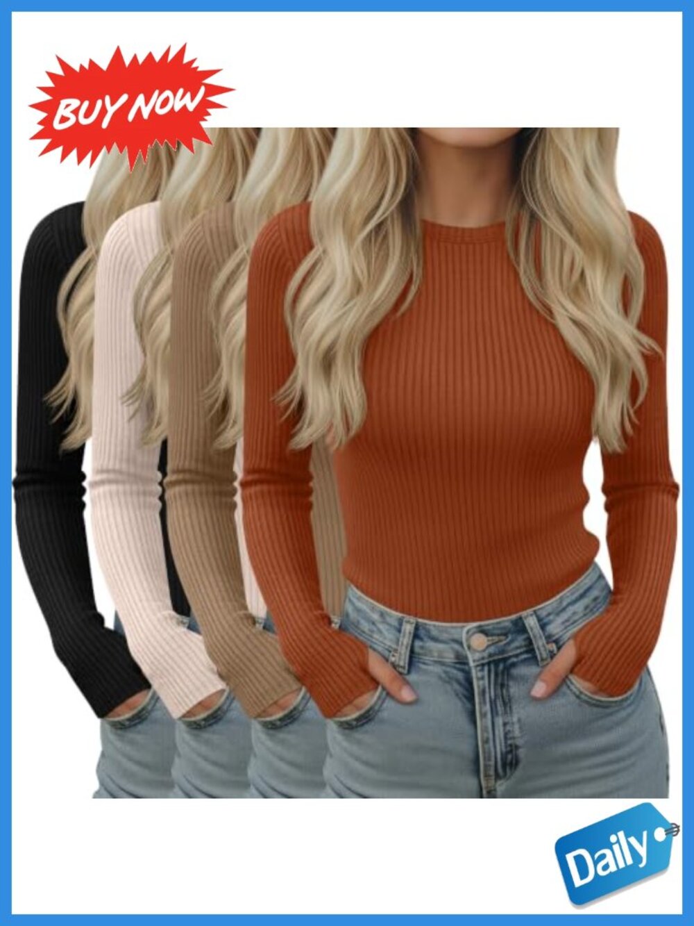 Women's Long Sleeve Thumb Hole Slim Fit Crew Neck T-Shirts 4 Pack